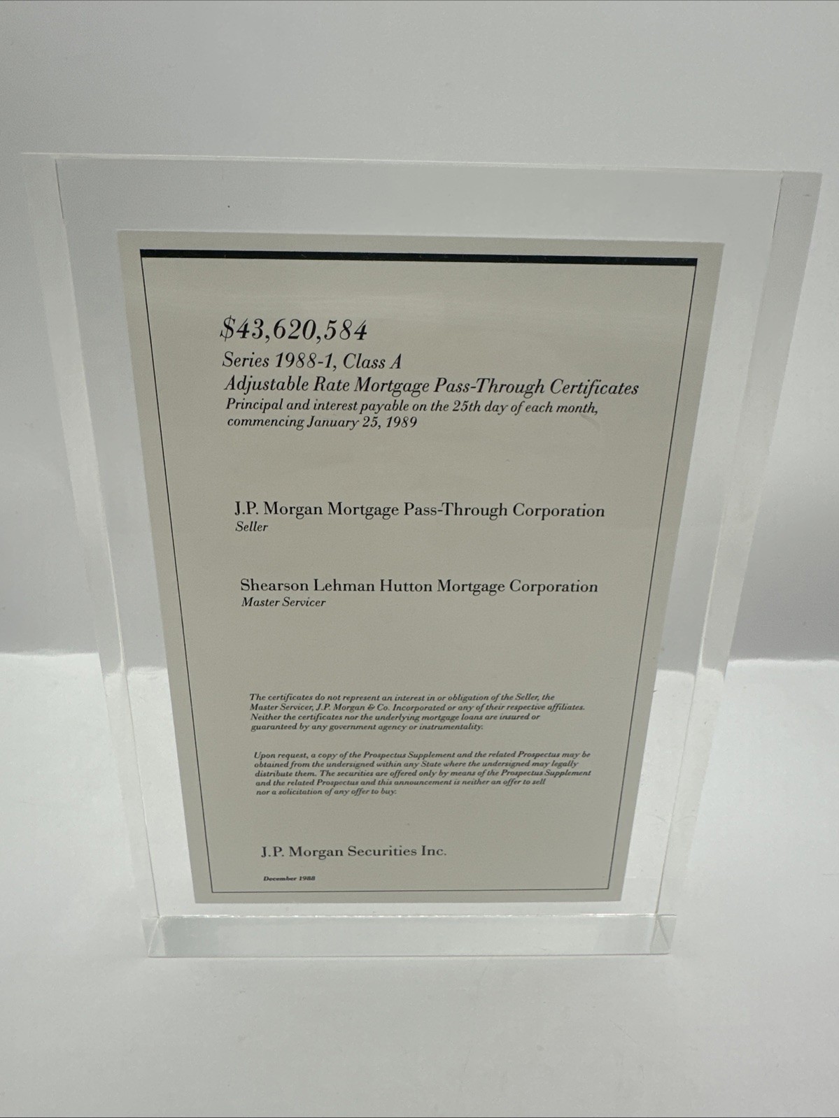 JP Morgan Shearson Lehman Lucite Wall Street Paper Weight Tombstone 1988