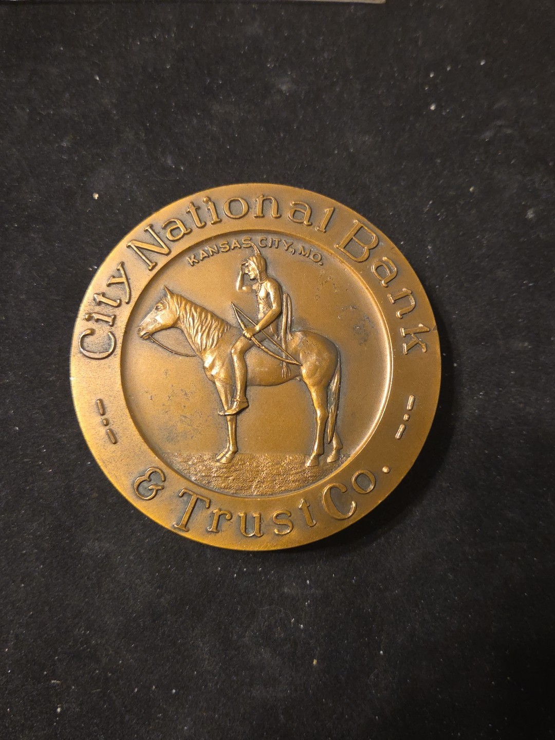 3″ Indian On Horse 1947 CITY NATIONAL BANK TRUST Kansas City MO Paperweight