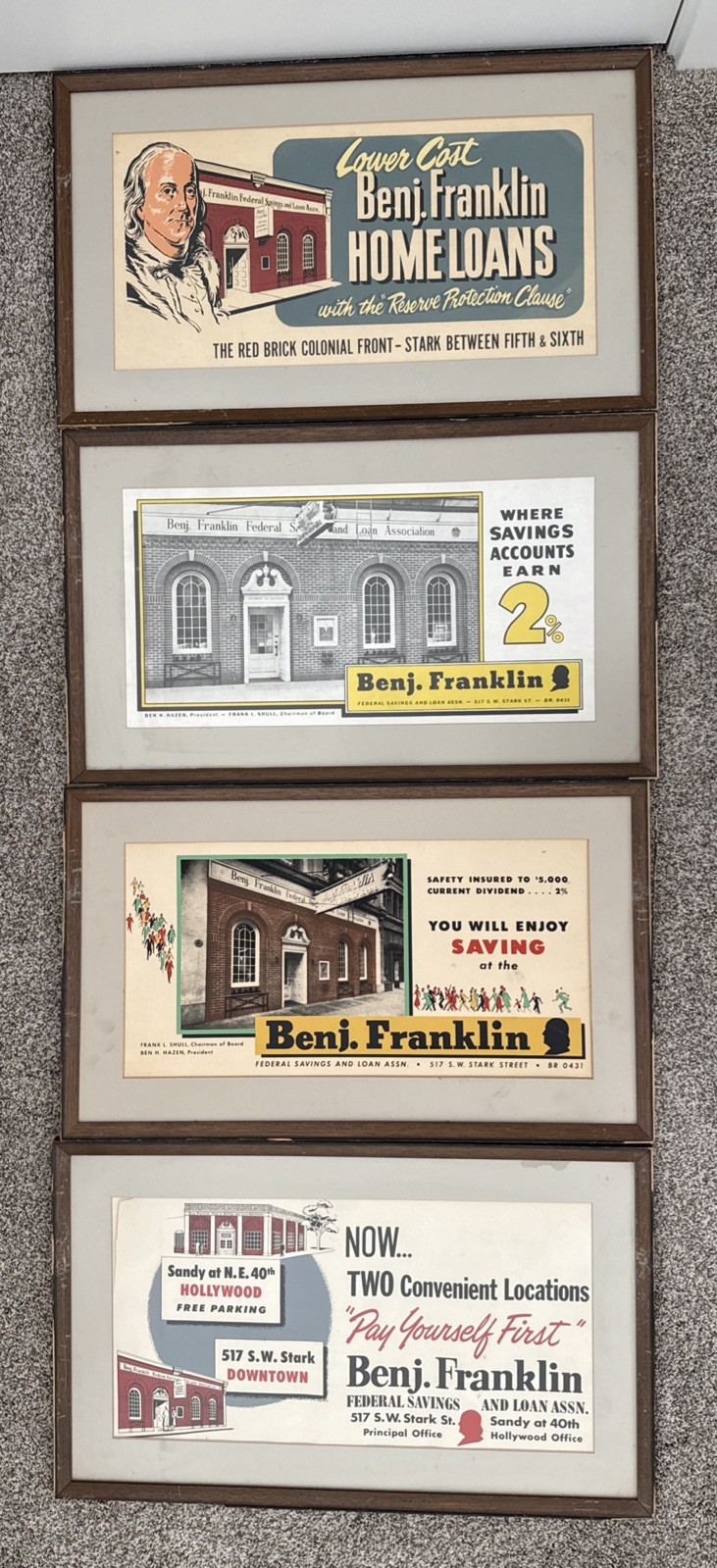 Vintage 1950’s Advertising 4 Framed Prints – Benjamin Franklin Savings And Loan
