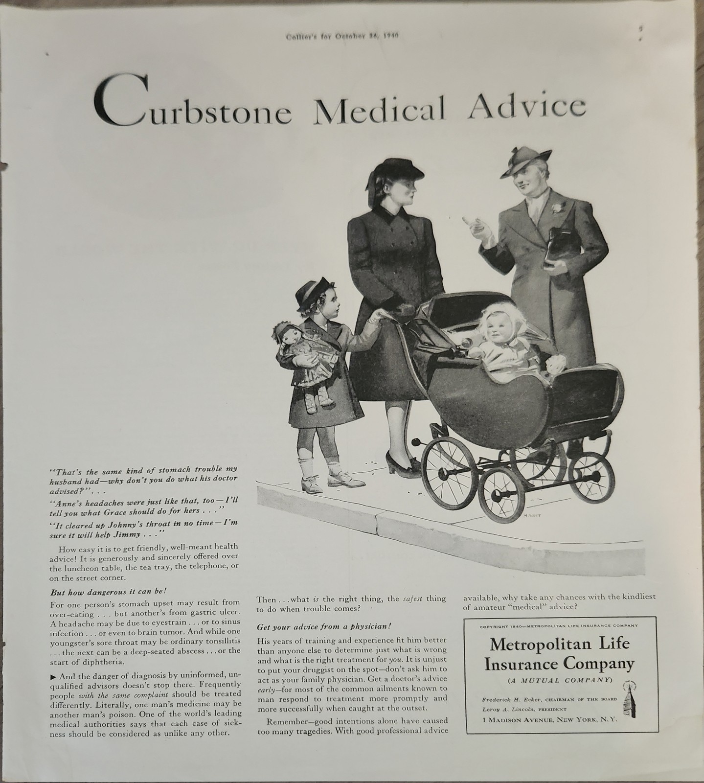1940 Metropolitan Life Insurance Vintage Ad Curbstone Medical Advice