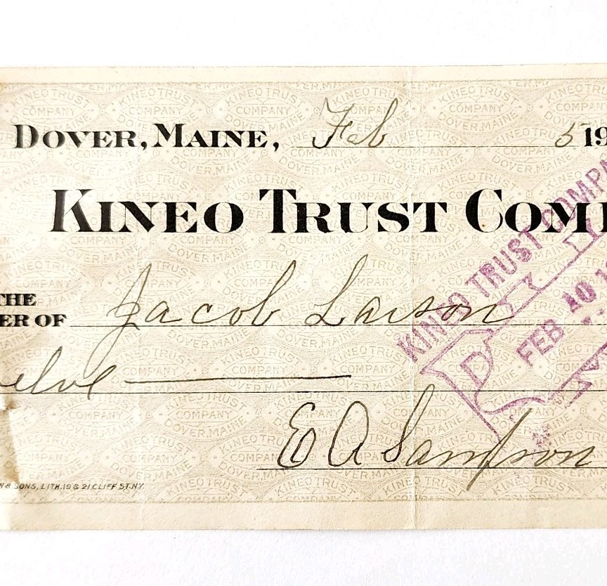 1916 Kineo Trust Company Bank Check E.A. Sampson Dover Maine Signed 7145 CHX4