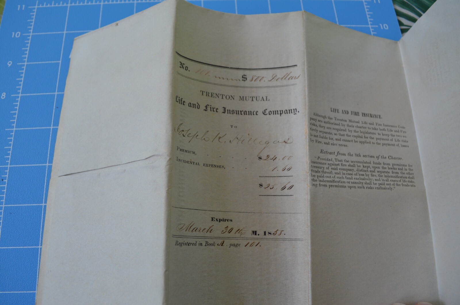 1850s NJ Trenton Mutual Life & Fire Insurance Company Document Related Ephemera