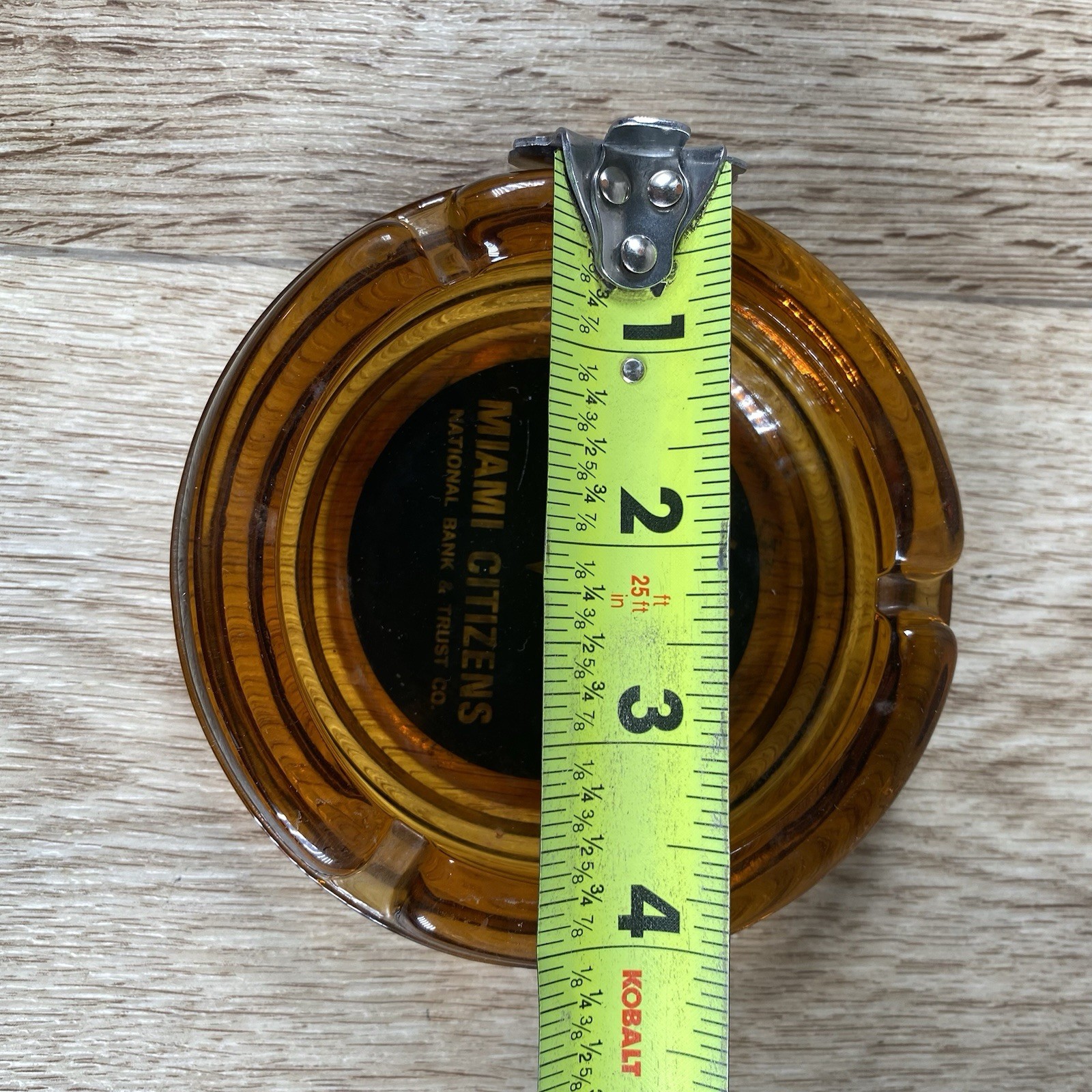 Vintage Bank Advertising Ashtray Miami Citizens Round, Amber Glass