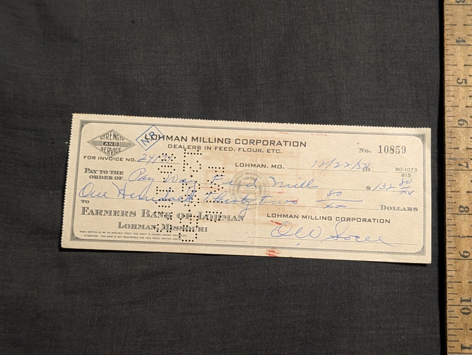 Vintage Lohman Missouri feed and flour mill check