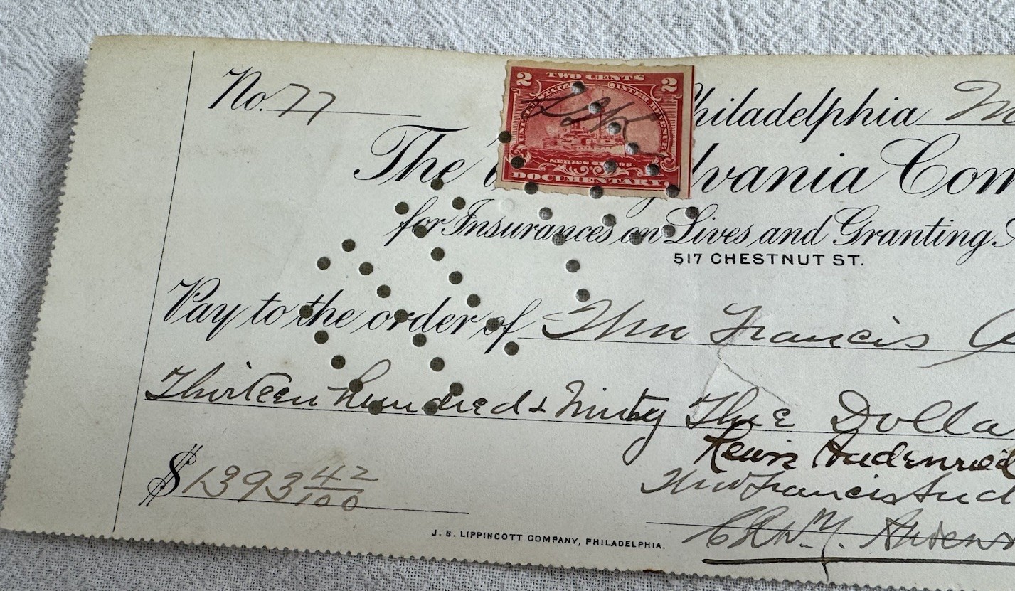 1901 Pennsylvania Company Life Insurance Note paid $1393.42 First National Bank