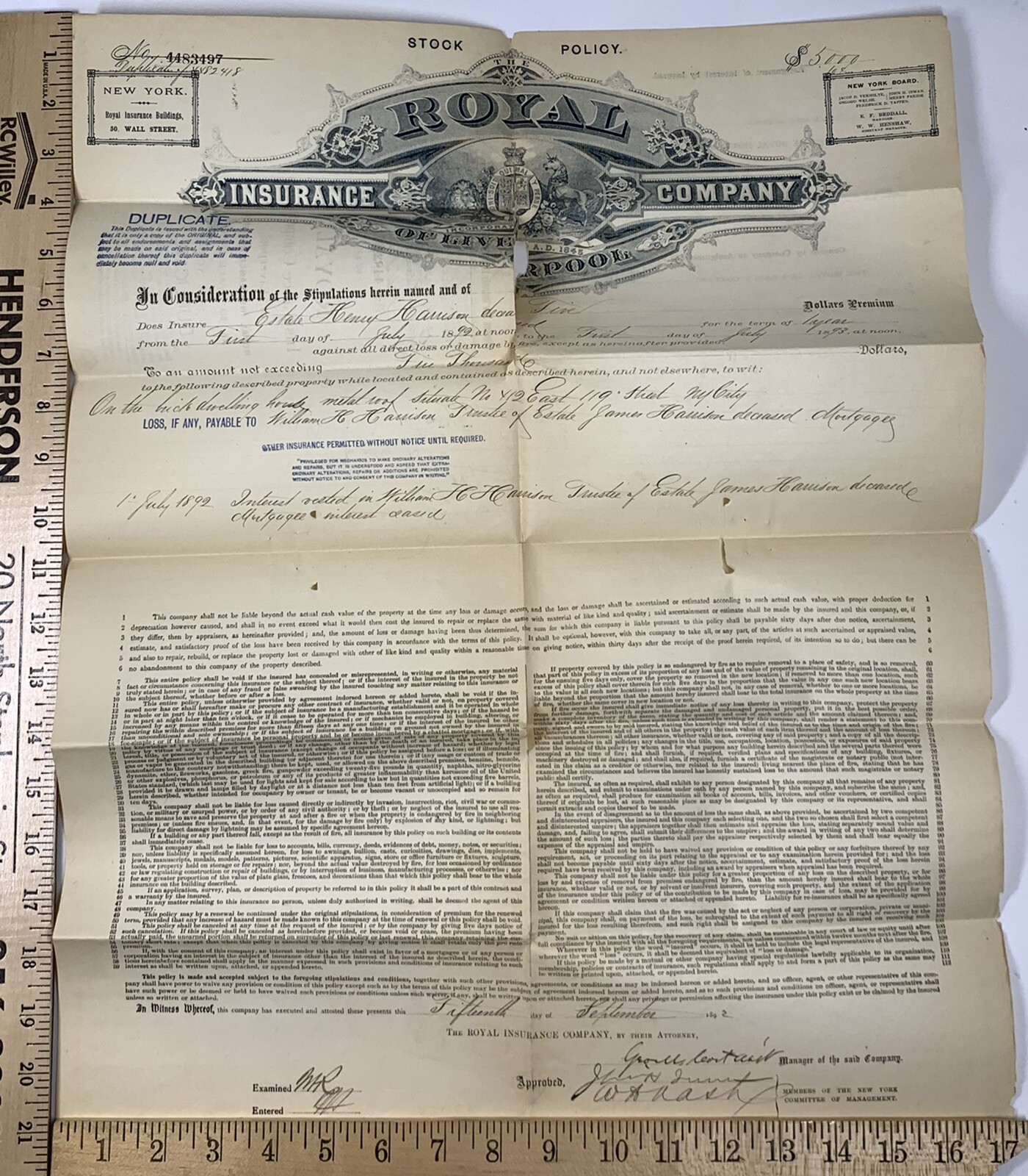 1892 Engraved Insurance Policy Estate William H. Harrison Royal Insurance UK NY