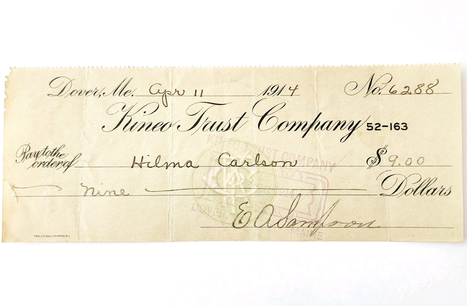 1914 Kineo Trust Company Bank Check E.A. Sampson Dover Maine Signed 6288 CHX10