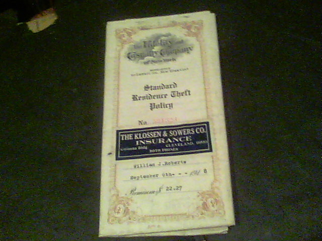 1918 The Fidelity and Casualty Company of New York Theft Policy William J. Rober