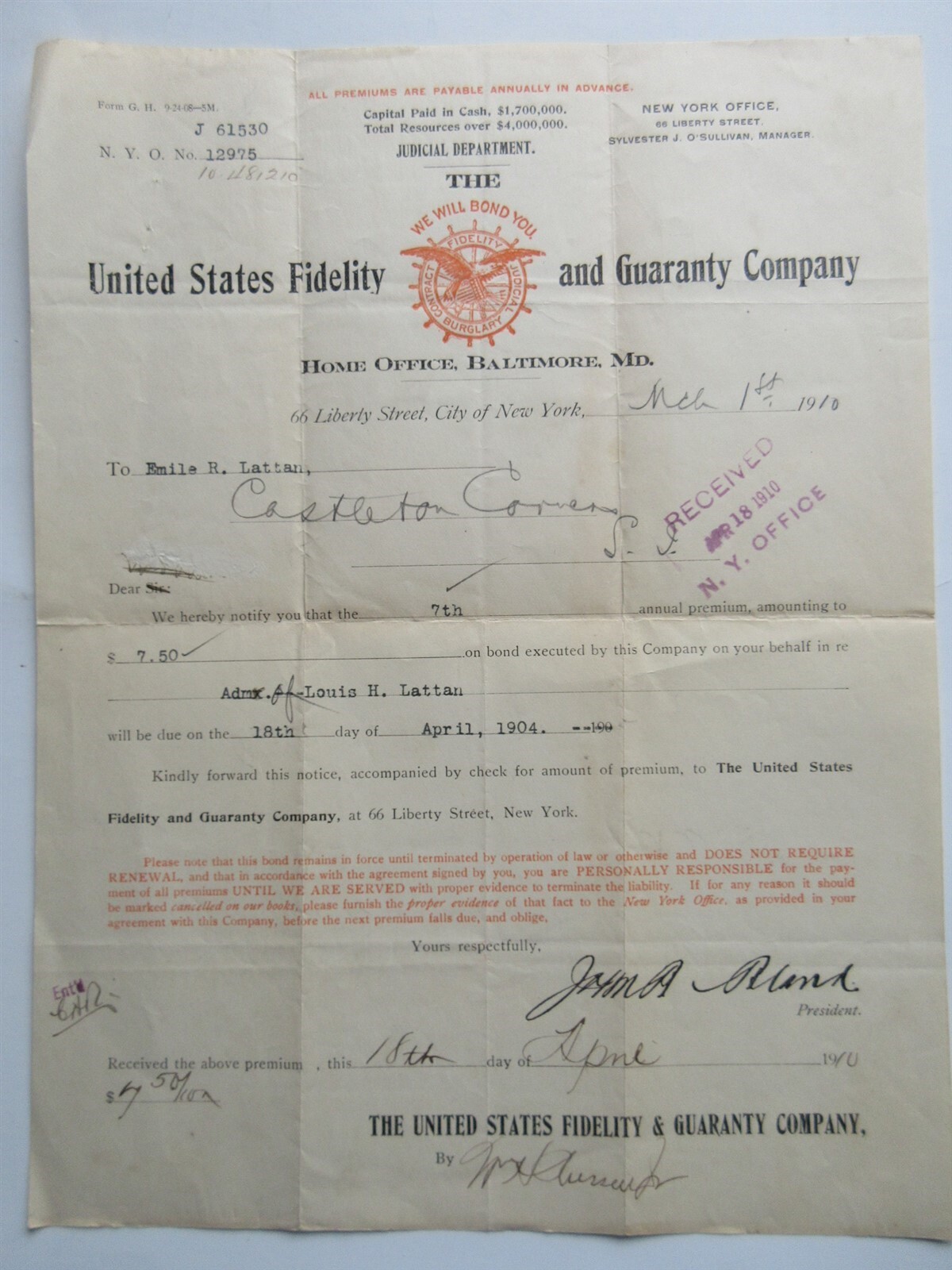1910 Illustrated Letterhead. United States Fidelity Guaranty Co., Baltimore, Md