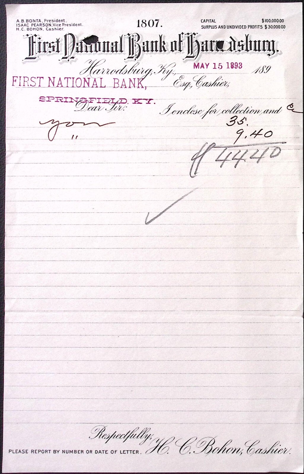 1893 First National Bank of Harrodsburg Billhead Harrodsburg KY 6 x 9.25″