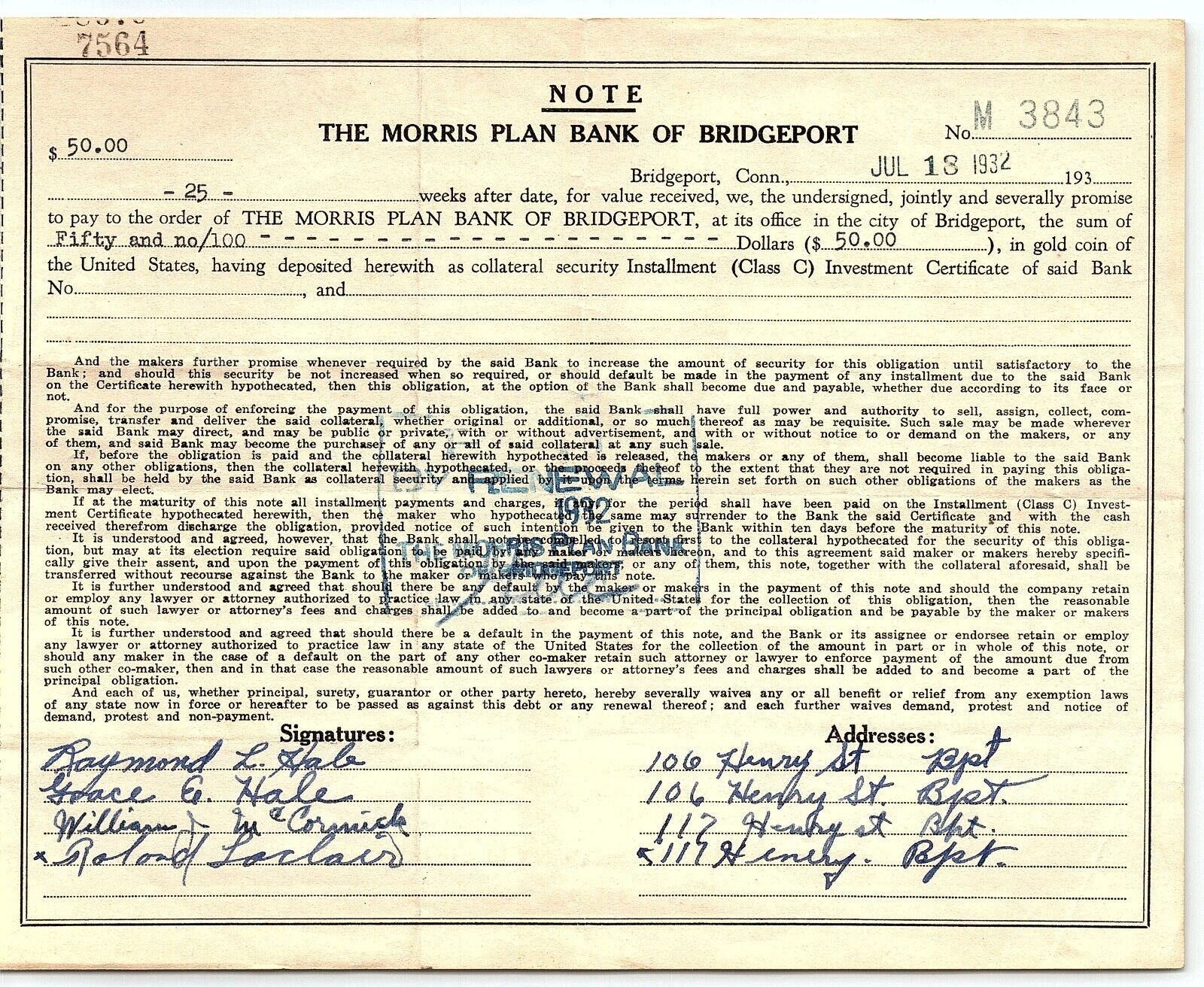 1932 BRIDGEPORT CT MORRIS PLAN BANK OF BRIDGEPORT LOAN NOTE DOCUMENT Z7260