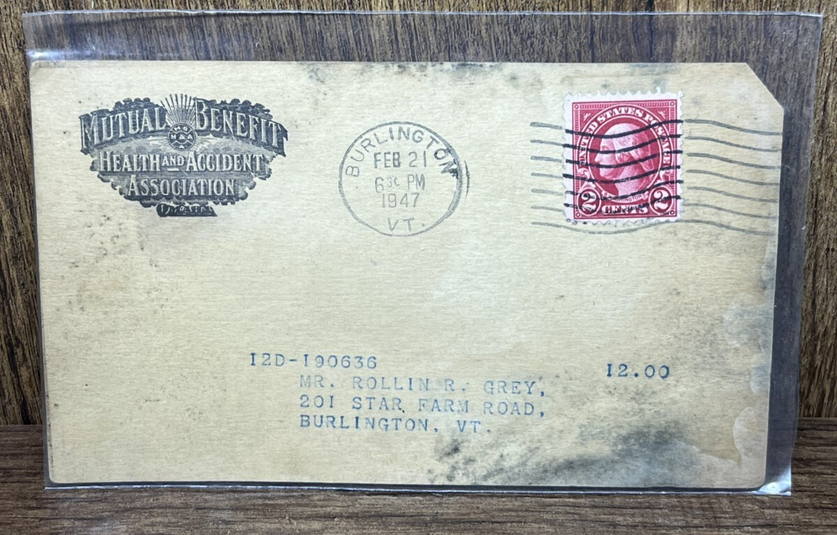 Antique Mutual Benefit Health and Accident Association Receipt Postal Card 1947