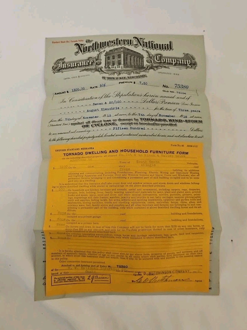 Vintage Tornado insurance policy from 1918 Northwestern National Insurance Co.