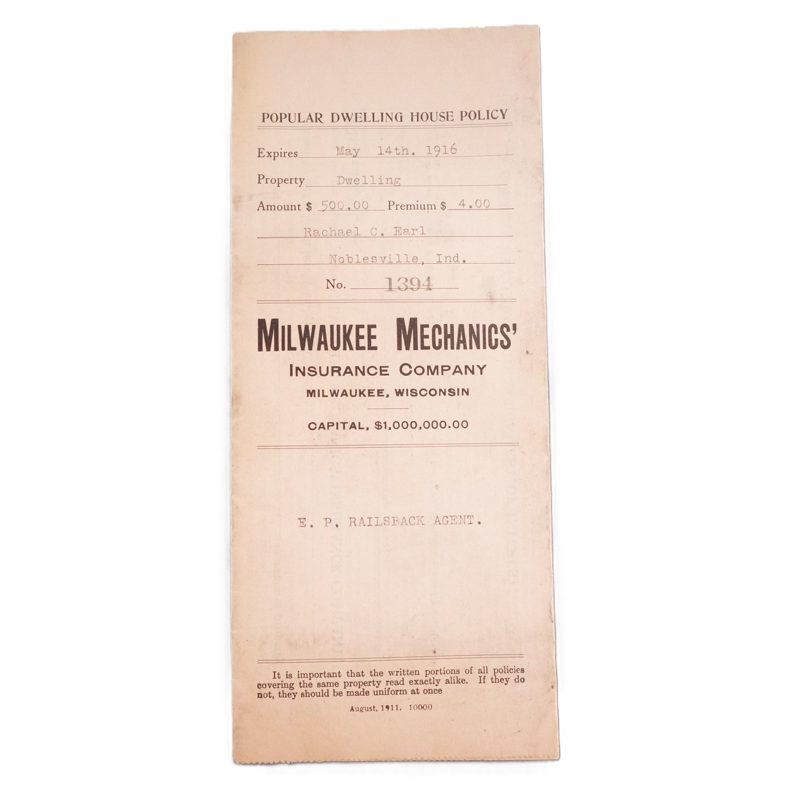 1916 Milwaukee Mechanics Insurance Co, House Policy Noblesville IN Rachael Earl