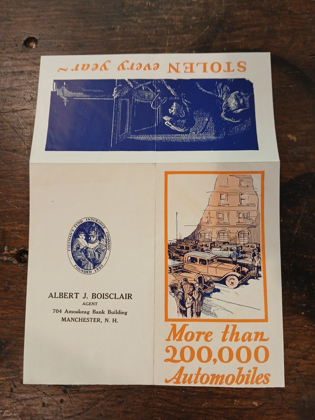 Vintage 1920s Auto Insurance Brochure Manchester NH Fireman’s Fund Theft…