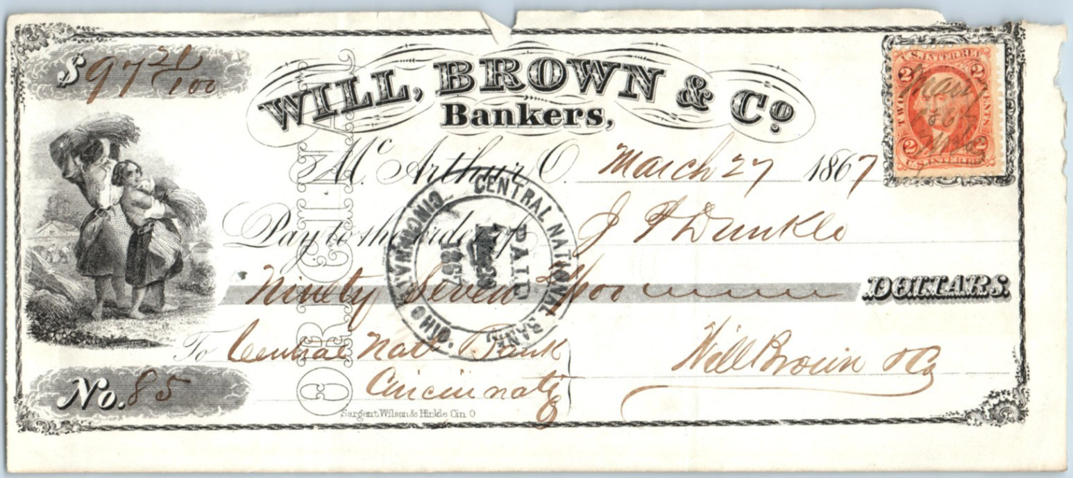 1867 Will Brown & Co Cincinnati, Ohio Bank Check w/ 2 Cent Tax Stamp 19 #DC