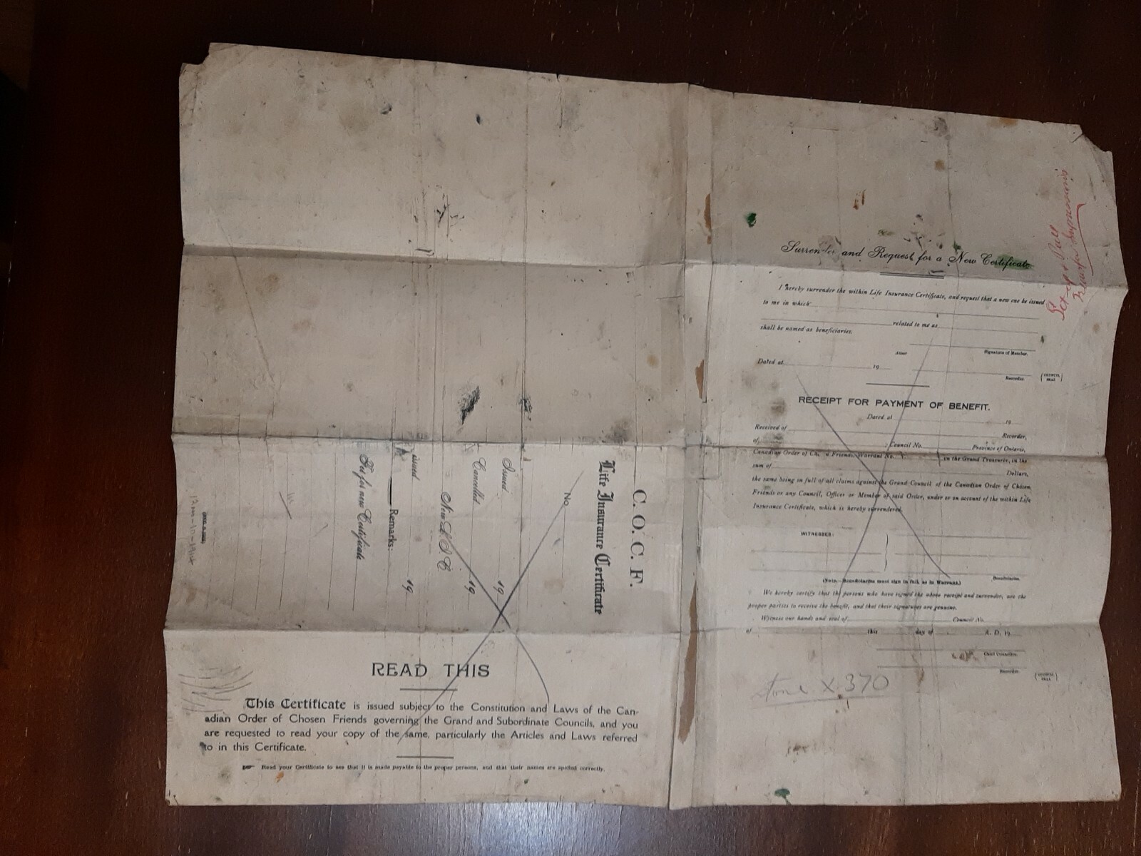 Canada 1910s Insurance Certificate.Canadian Order Of Chosen Friends