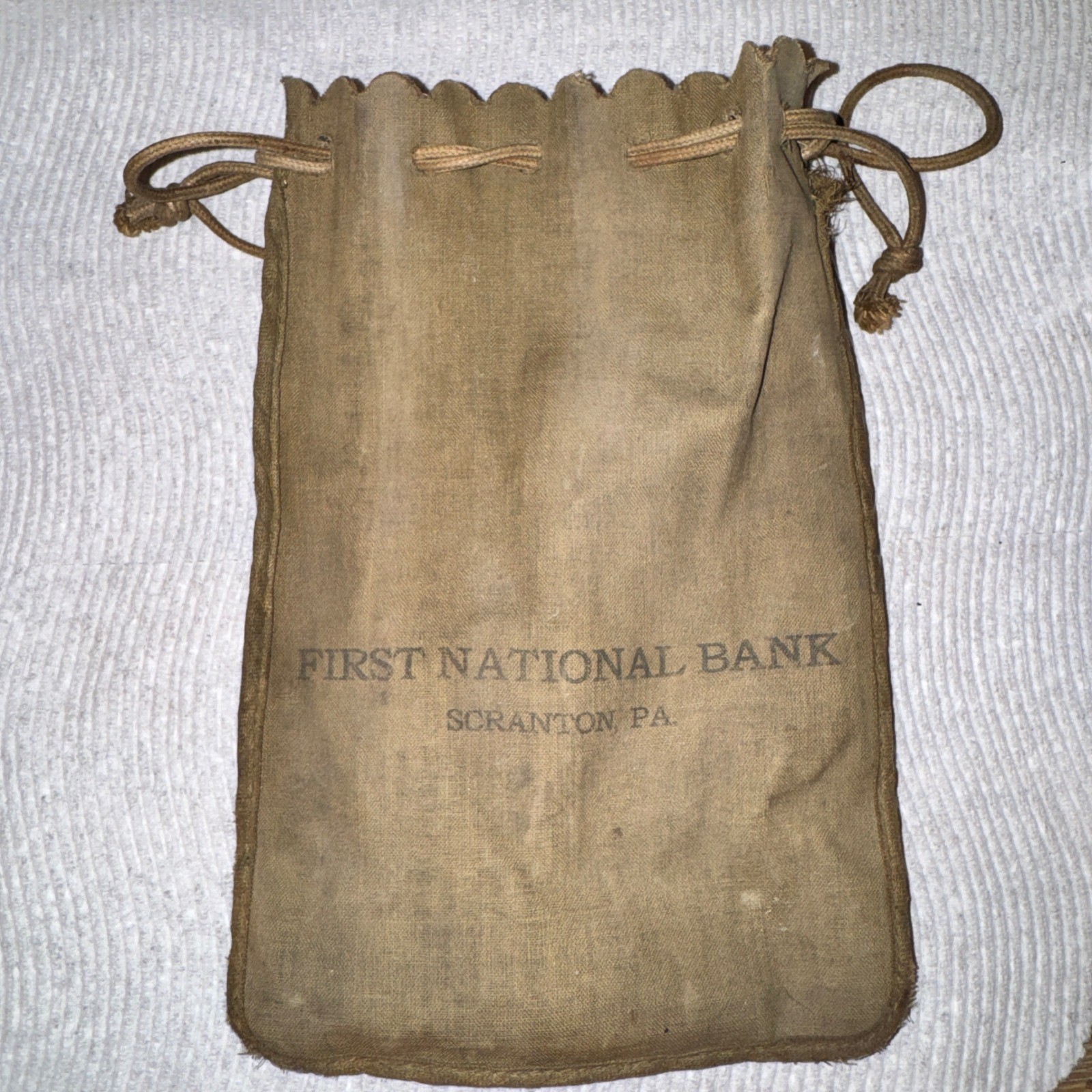 Vintage First National Bank Scranton PA Canvas Drawstring Coin Money Bag Tan