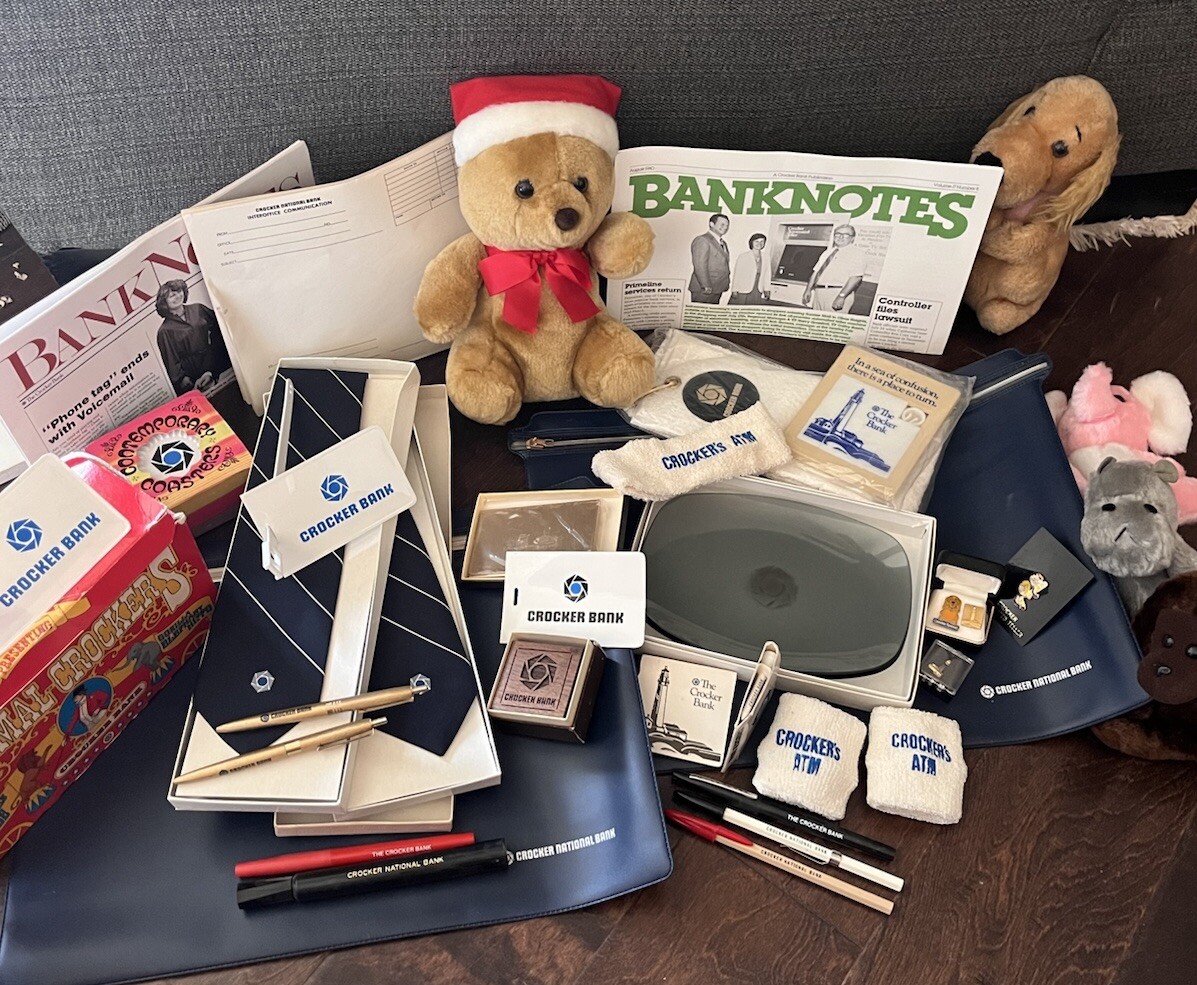Vintage Crocker National Bank Promotional Lot – Ties, Pens, Plush, Newsletters