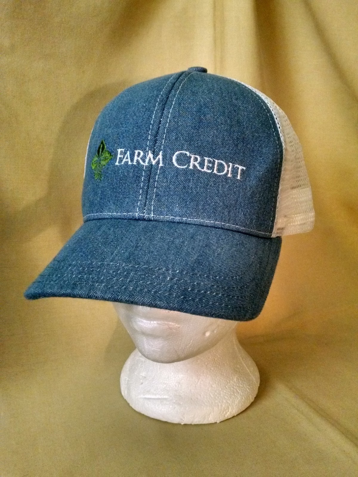FARM CREDIT HAT BASEBALL BALL CAP DENIM WHITE MESH NWOT LEAF LOGO ADJ AMERICAP.