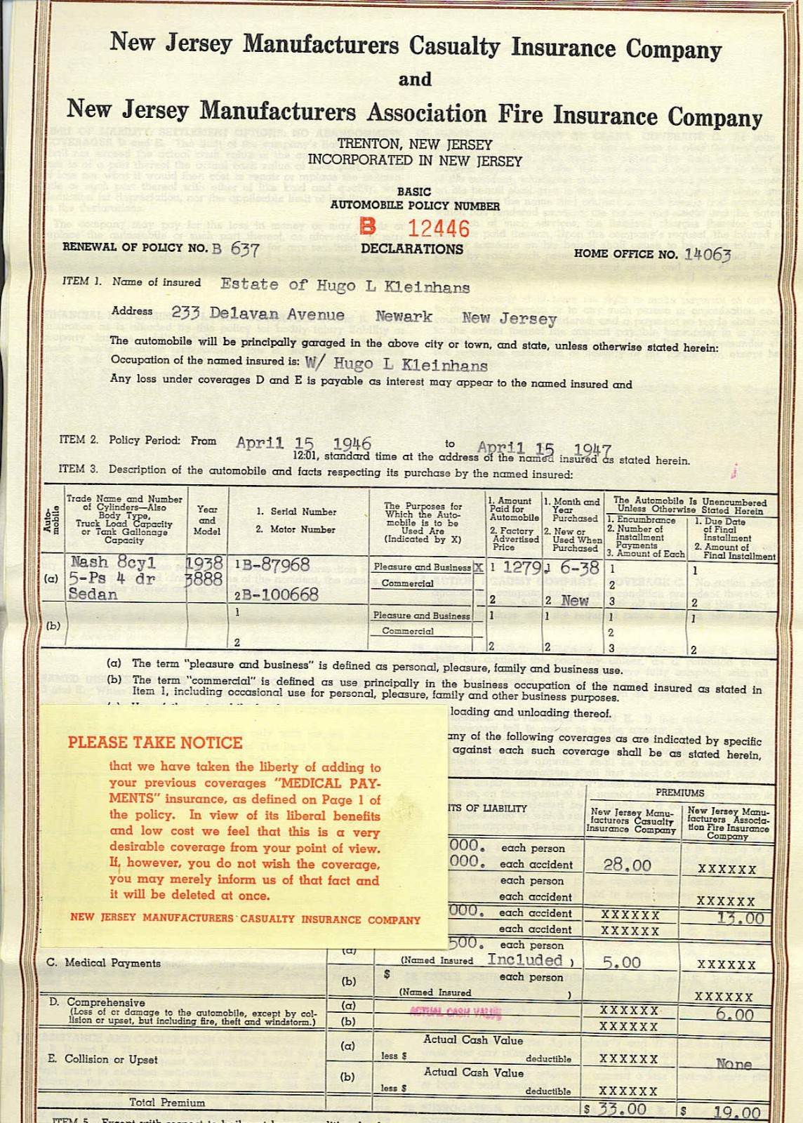 1947 NJ Manufacturers Auto Policy 1938 Nash