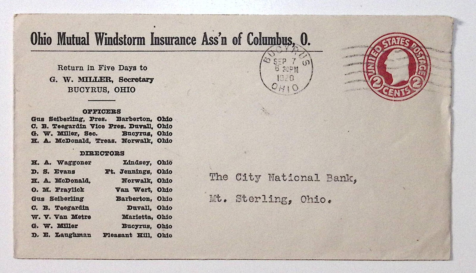 1920 Ohio Mutual Windstorm Insurance Assn of Columbus OH Advertising Cover