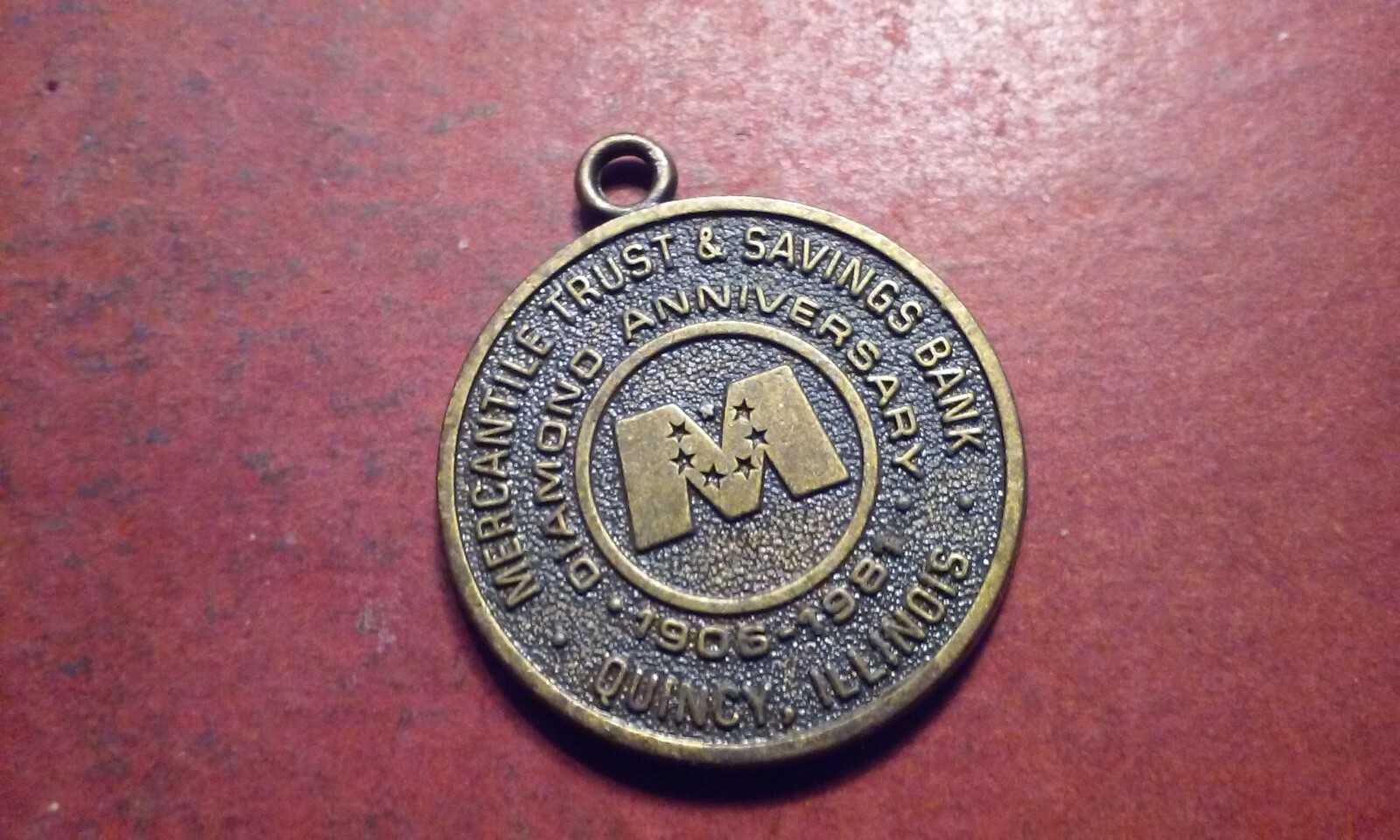Brass Banking Keychain 75 Years 1981 Mercantile Trust & Savings Quincy Illinois