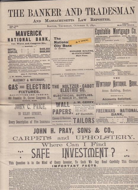 1891 Banker & Tradesman and Massachusetts Law Reporter Newspaper