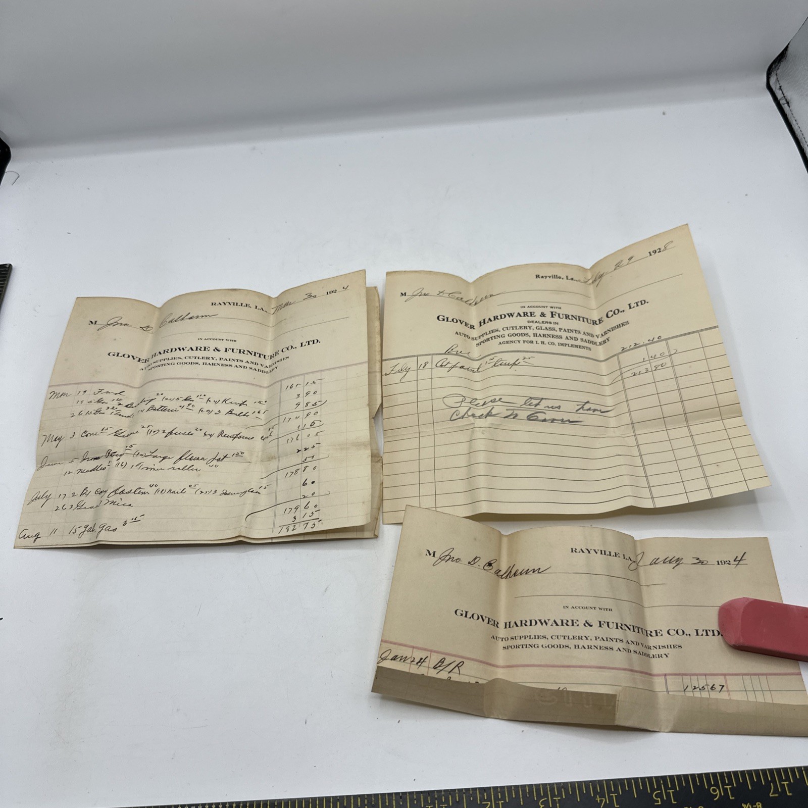 Rayville Louisiana Glover Hardware & Furniture Receipt 1924 And 1928