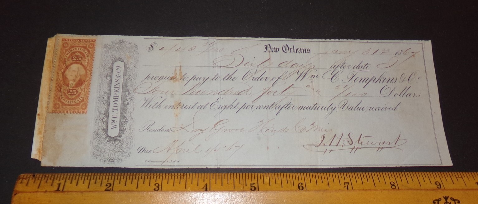 1867 William C. Tompkins & Co. New Orleans Bank Check $440.50 recipe Bill