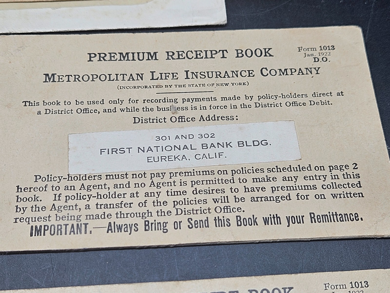Vintage 1918 Metropolitan Life Insurance Co Policy, Payment Book, Etc.