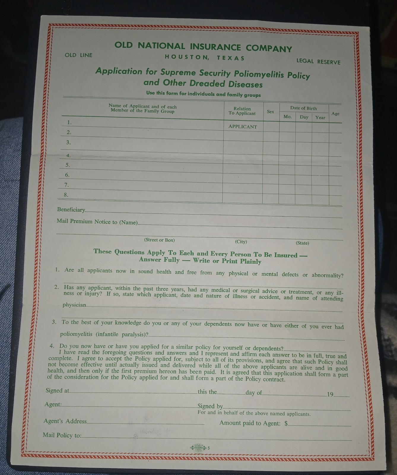 1950’s Polio Insurance Application Old National Insurance Co Houston Texas