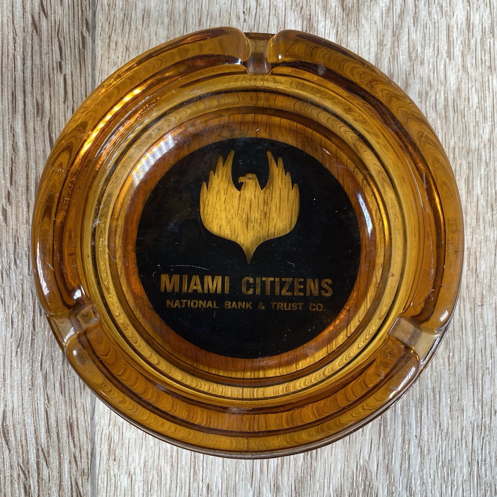 Vintage Bank Advertising Ashtray Miami Citizens Round, Amber Glass