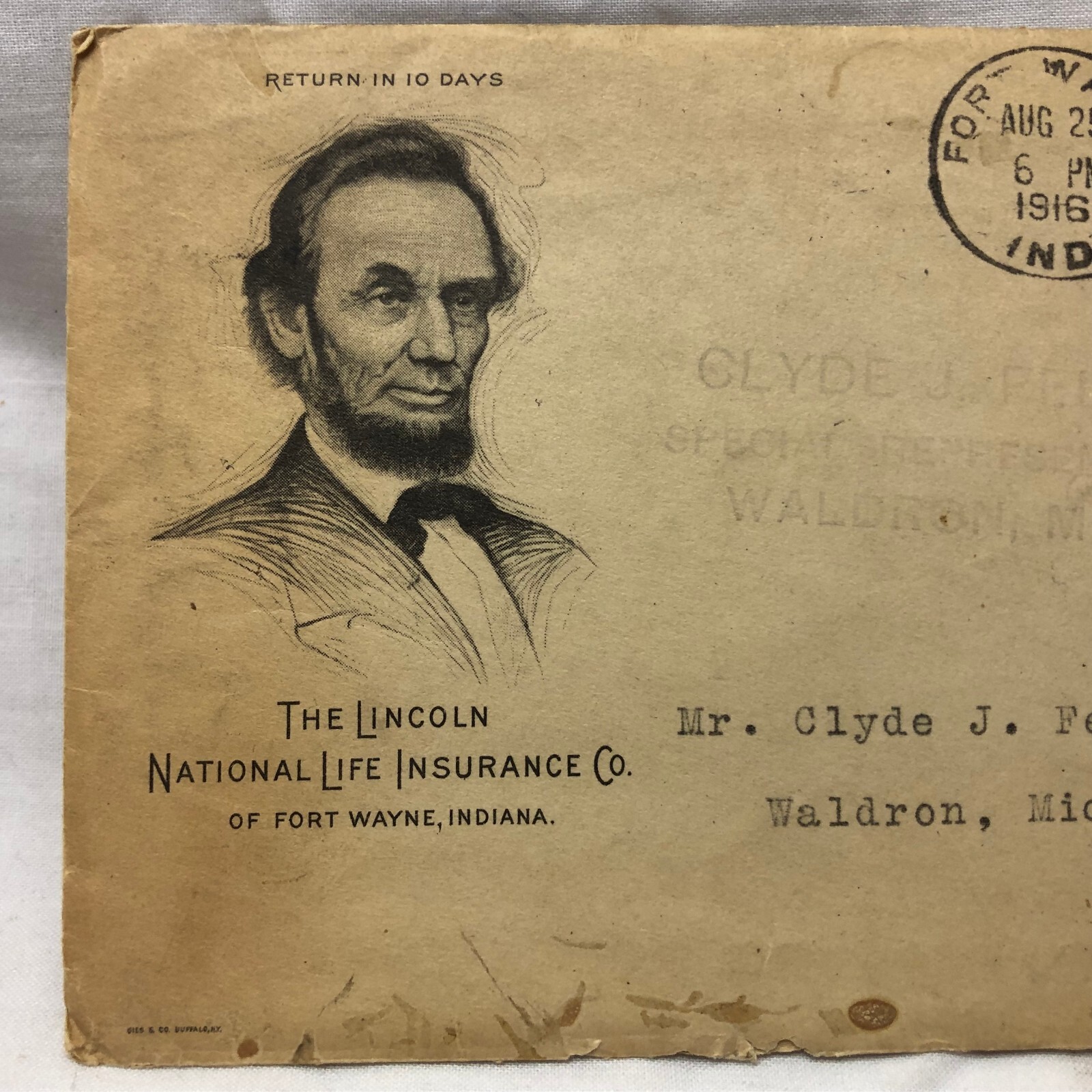Vintage 1916 Lincoln National Life Insurance Co Envelope ONLY Fort Wayne Indiana