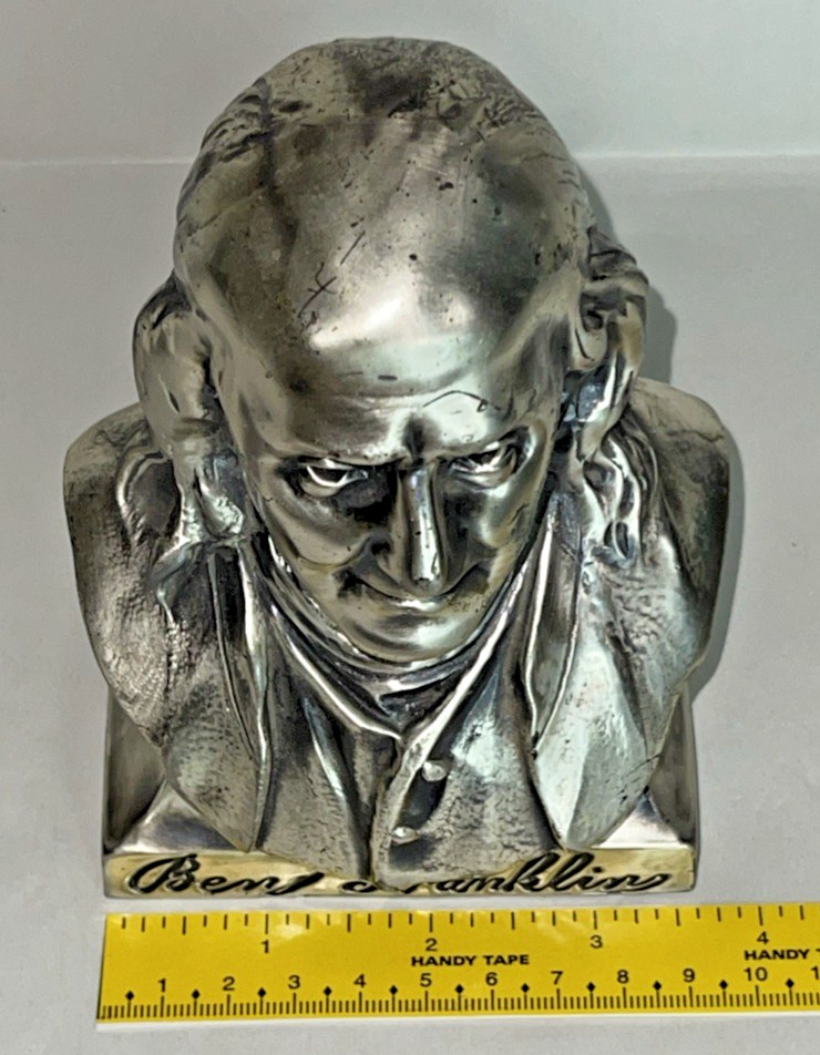 The Franklin Life Insurance Co Ben Franklin Vintage Metal Bust Coin Bank No Key