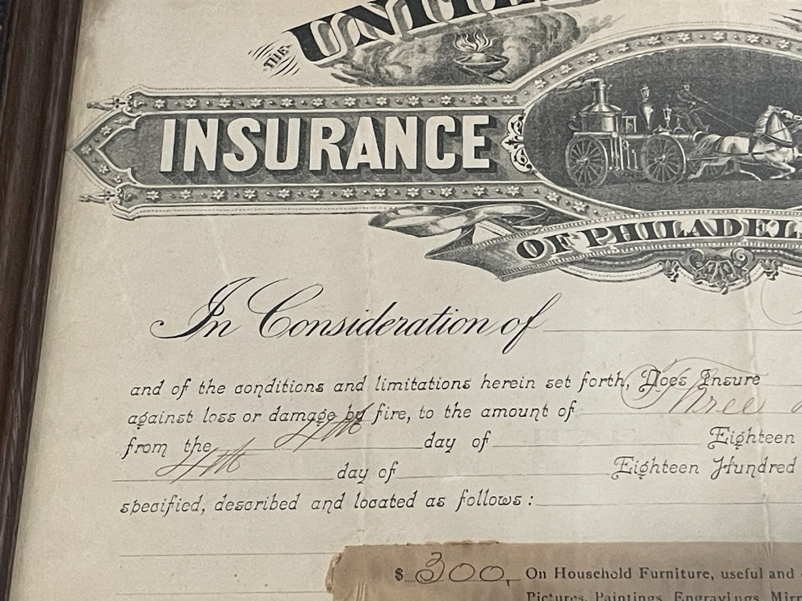 Antique 1886 Fireman’s Fund Insurance Company Insurance Policy Philadelphia
