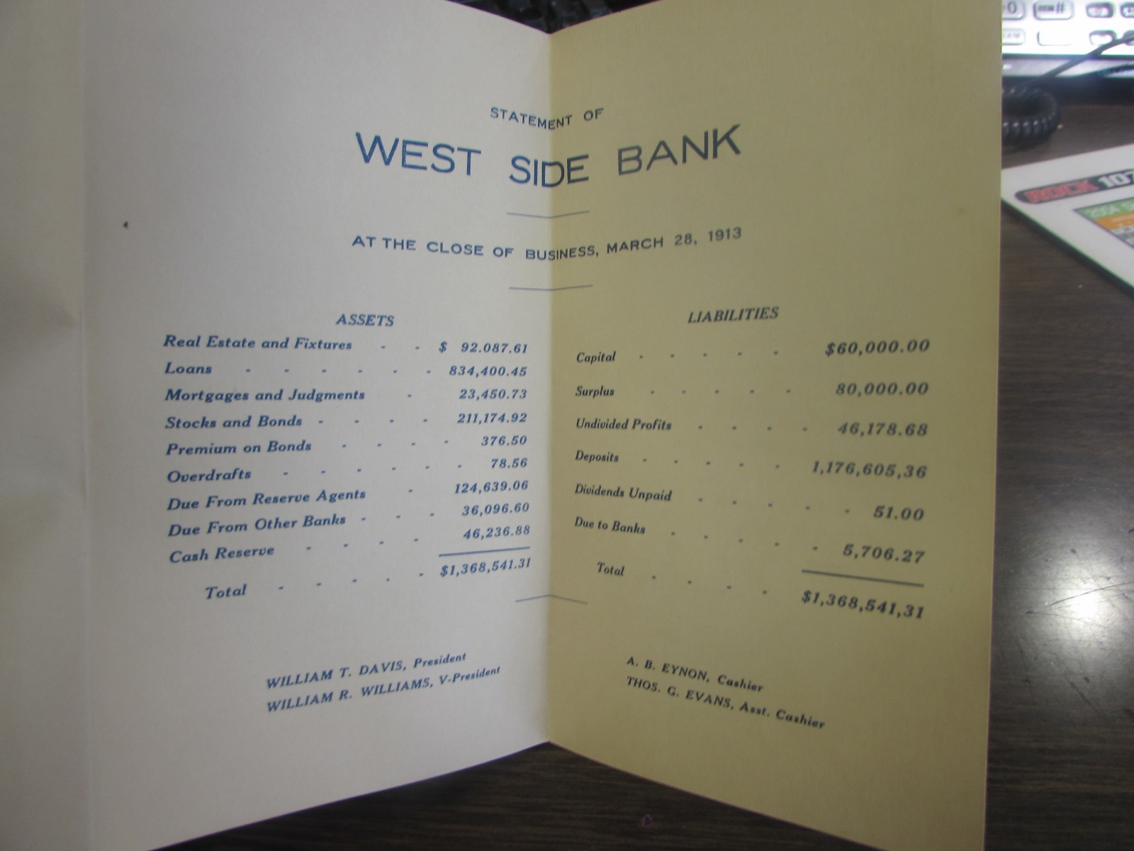 WEST SIDE BANK – SCRANTON PA – MARCH 1913 – STATEMENT OF WEST SIDE BANK – EXCELL