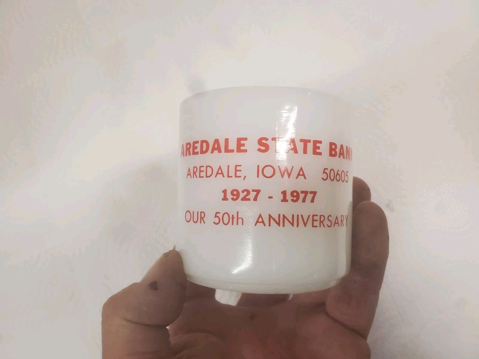 White Glass Coffee Mug Aredale State Bank Aredale Iowa 50th Anniversary 1977