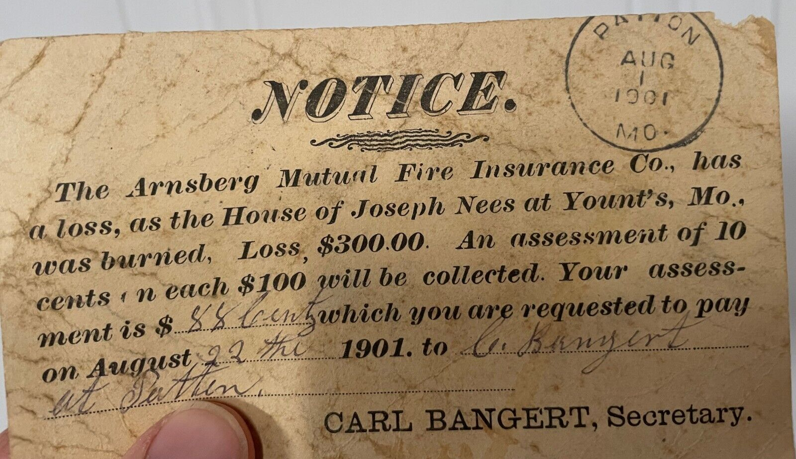 Antique Arnsberg Fire Ins Co Insurance Card 1901 Joseph Nees Younts MO Lixville