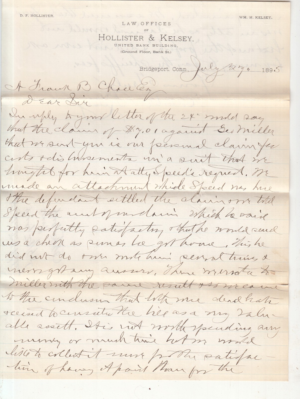 1895 Hollister Kelsey United Bank Building Bridgeport CT Signed Letter