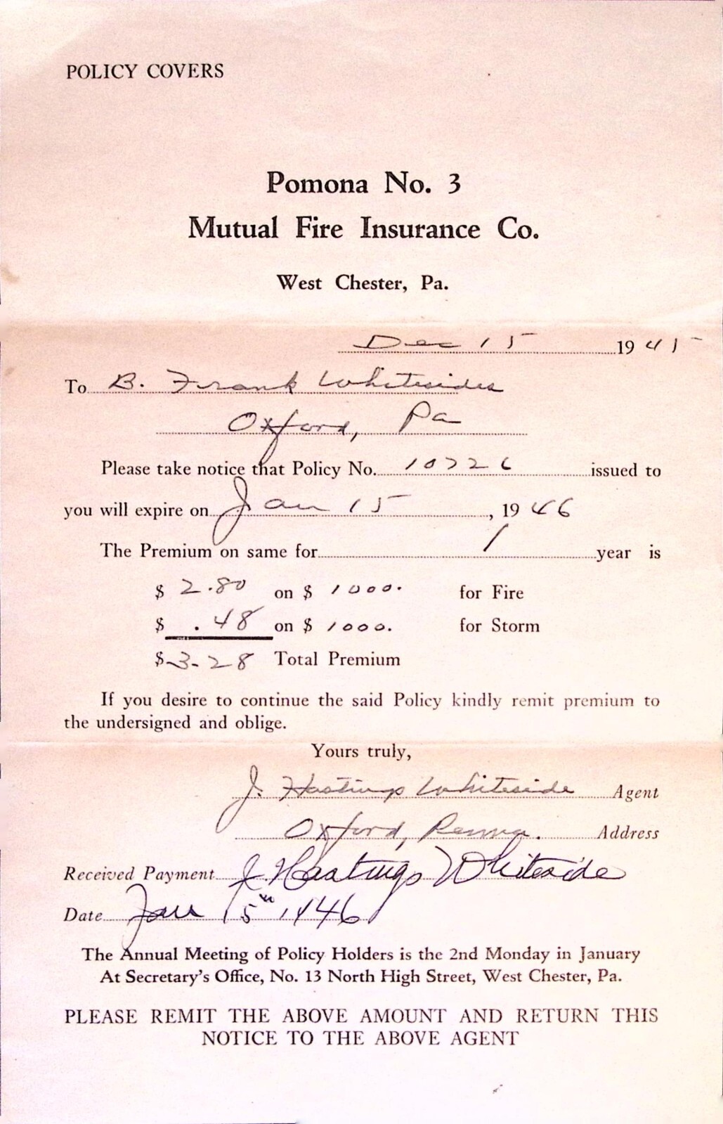 Pomona No. 3 Mutual Fire Insurance Co West Chester PA 1941-46 Policy Statement