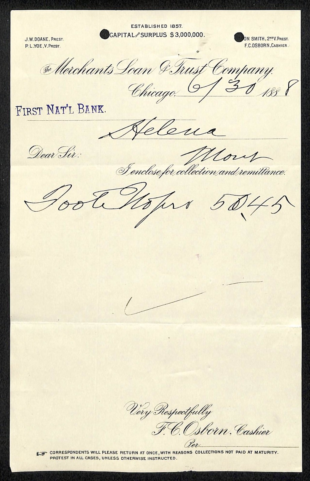 Merchants Loan & Trust Co. Chicago 1888 Payment Notice FNB Helena, MT (#4)