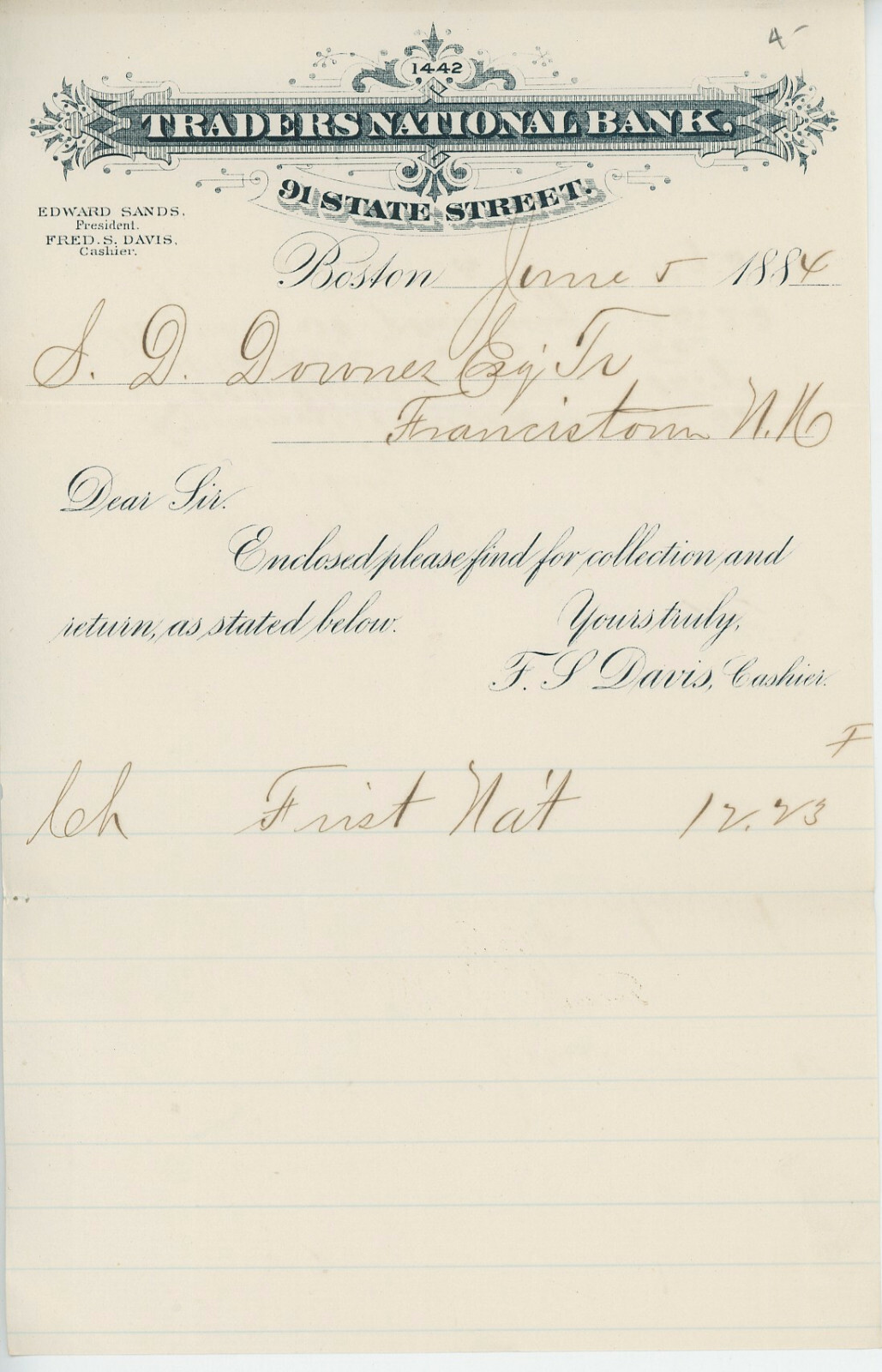 1884 Traders National Bank Billhead Letterhead Boston MA Banking Finance Bill