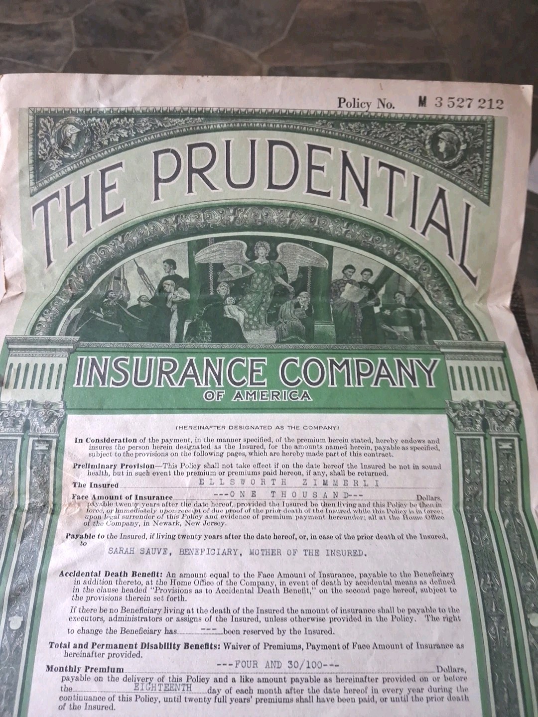 *1935*Prudential Insurance Co policy document beautiful art work
