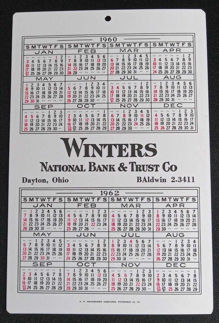 Dayton Ohio Winters National Bank Trust 1961 Hard Plastic Calendar