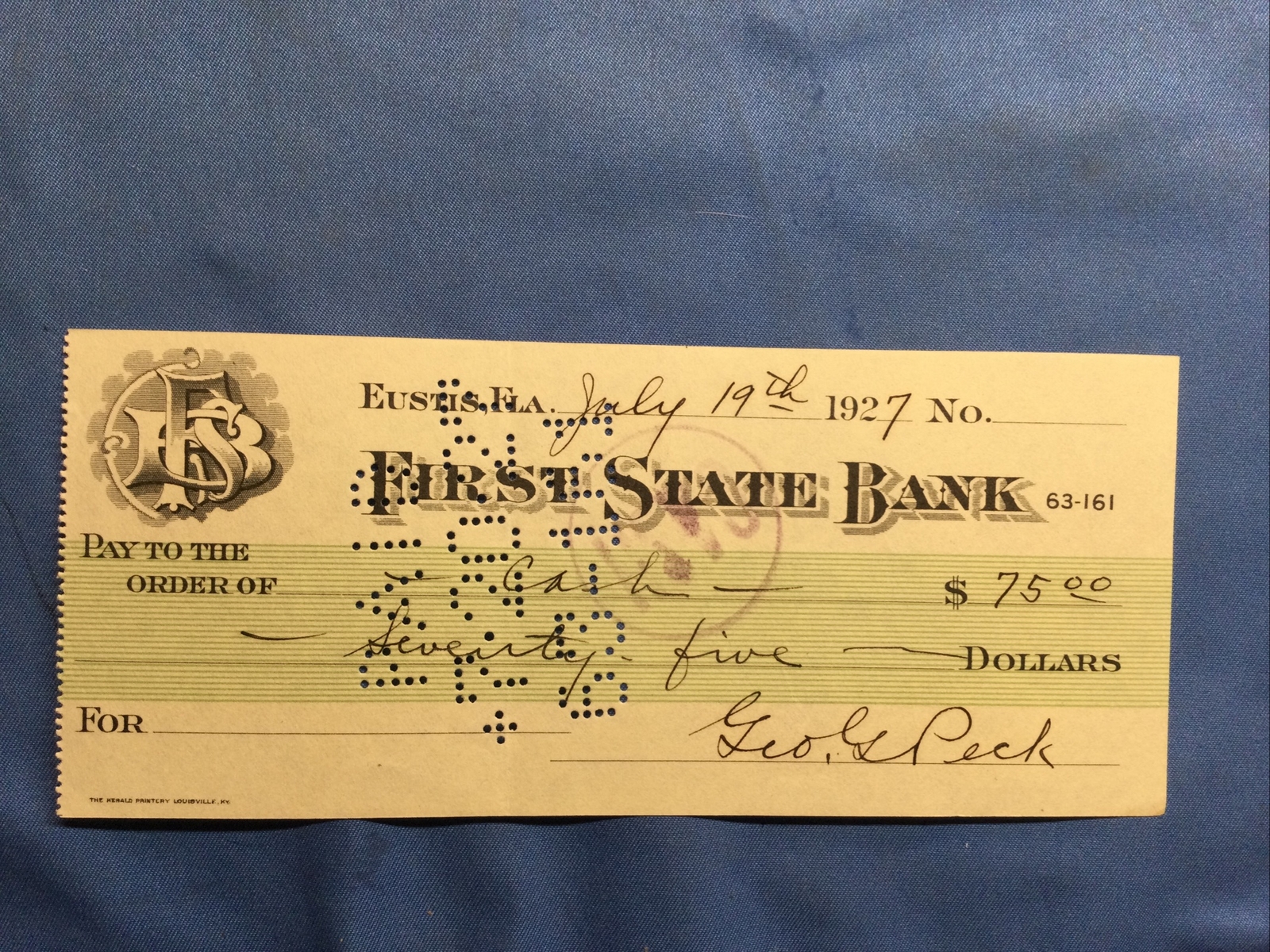 U.S: USED CHECK 1927 FIRST STATE BANK – FLORIDA FL
