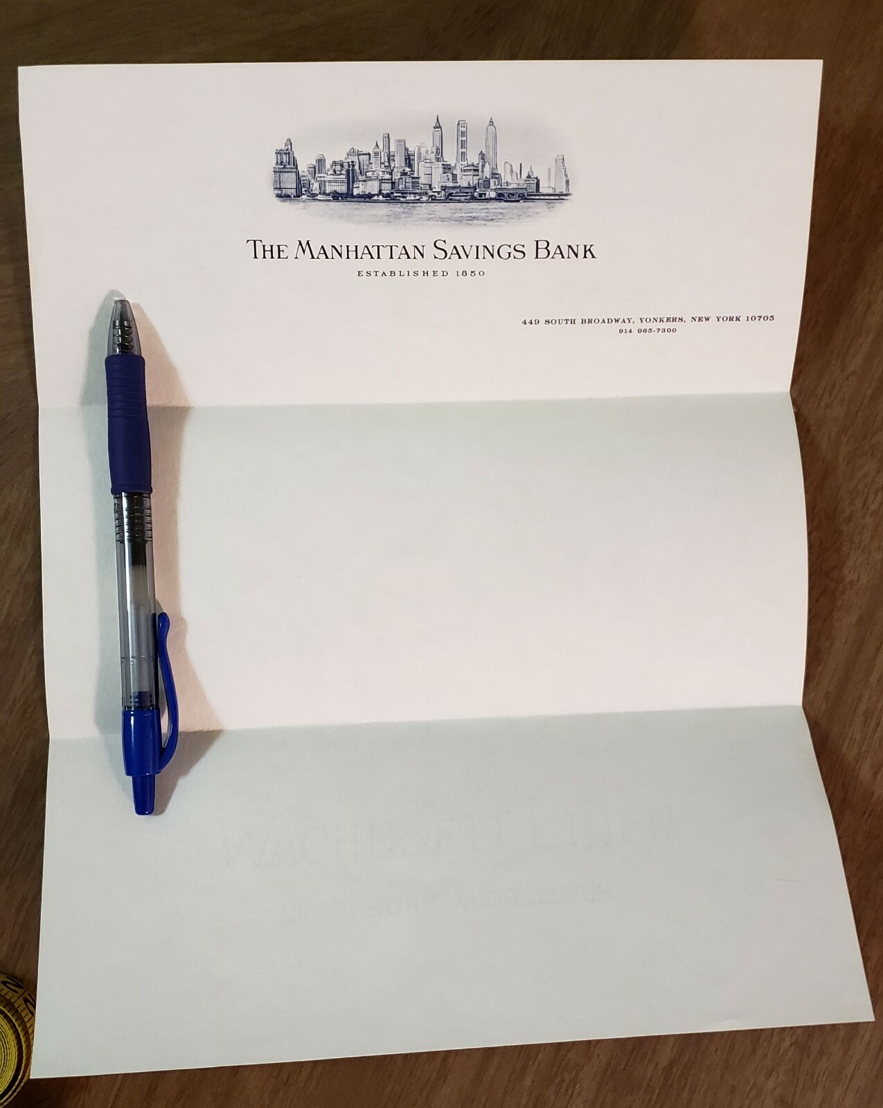 Manhattan Savings Bank Passbook/Bankbook Protector Sleeve w/Letterhead (1970s?)