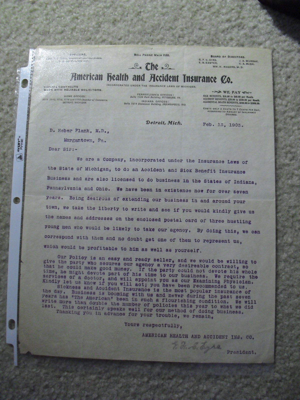 ODD Vintage 1903 Letterhead Letter American Health and Accident Insurance Co