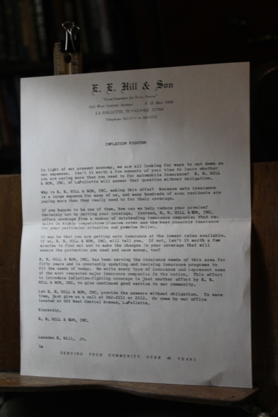 Vintage 1970’s E.E. Hill and Son Insurance Inflation Fighter Letter