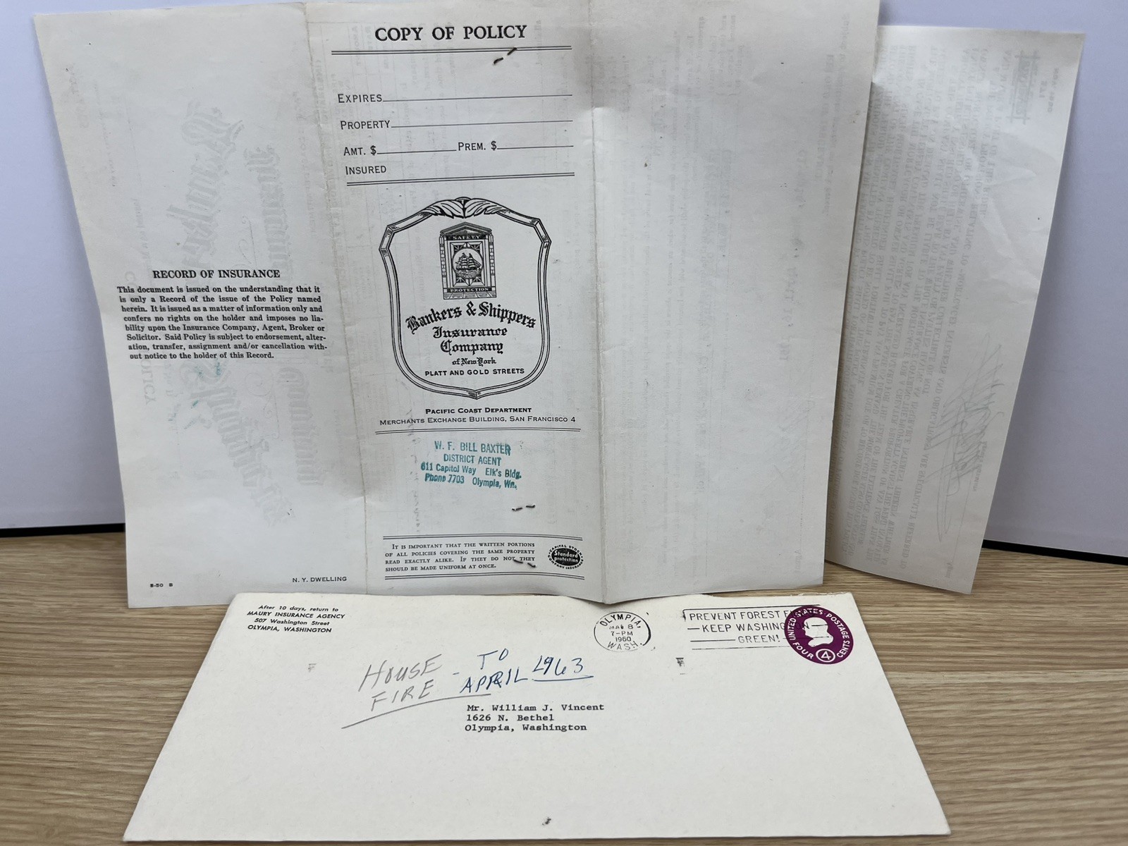 Vintage 1950s Bankers & Shippers Insurance Co. Fire Policy + Envelope
